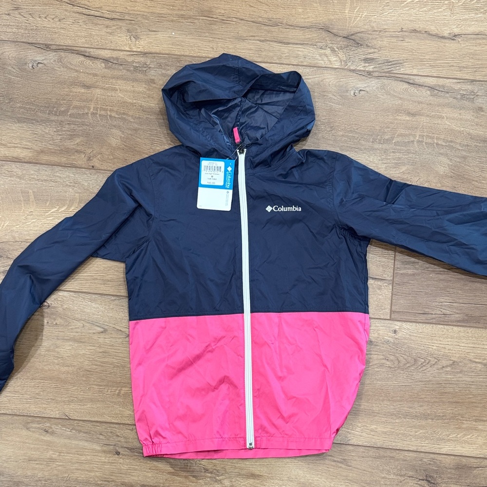 Columbia Navy and Pink Hooded Colorblock Windbreaker